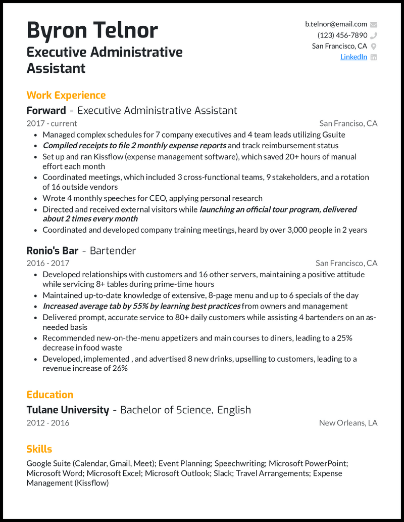 resume summary examples for executive assistant